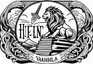 Valhalla lion sword stairs dragon tattoo idea