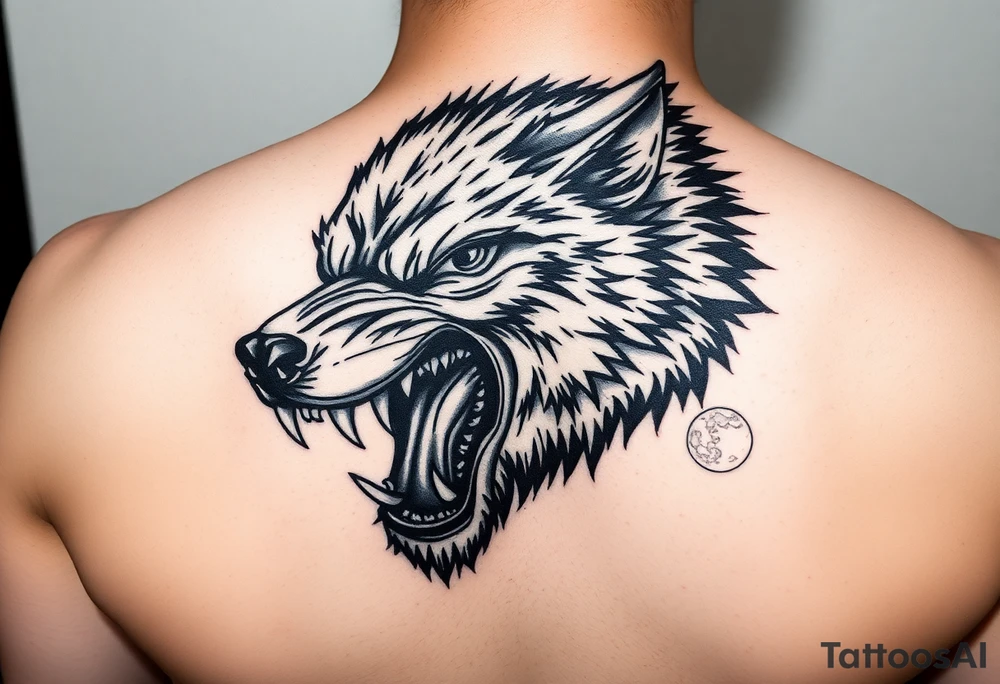 Close-up portrait of a snarling werewolf's face under a luminous full moon. tattoo idea