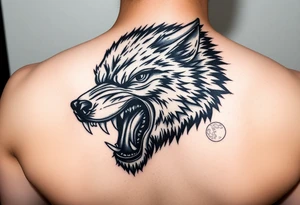 Close-up portrait of a snarling werewolf's face under a luminous full moon. tattoo idea