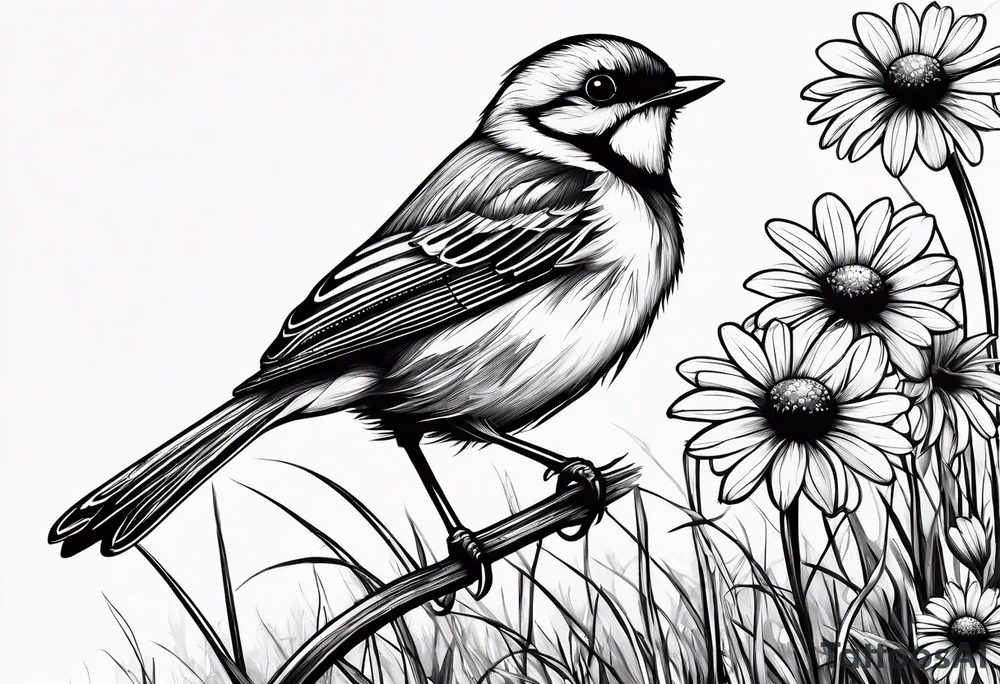 little bird perched on tall grass in a daisy tattoo idea
