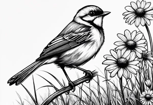 little bird perched on tall grass in a daisy tattoo idea