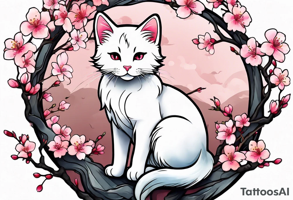 A kitty perched upon a cherry blossom  branch tattoo idea