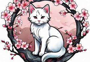 A kitty perched upon a cherry blossom  branch tattoo idea
