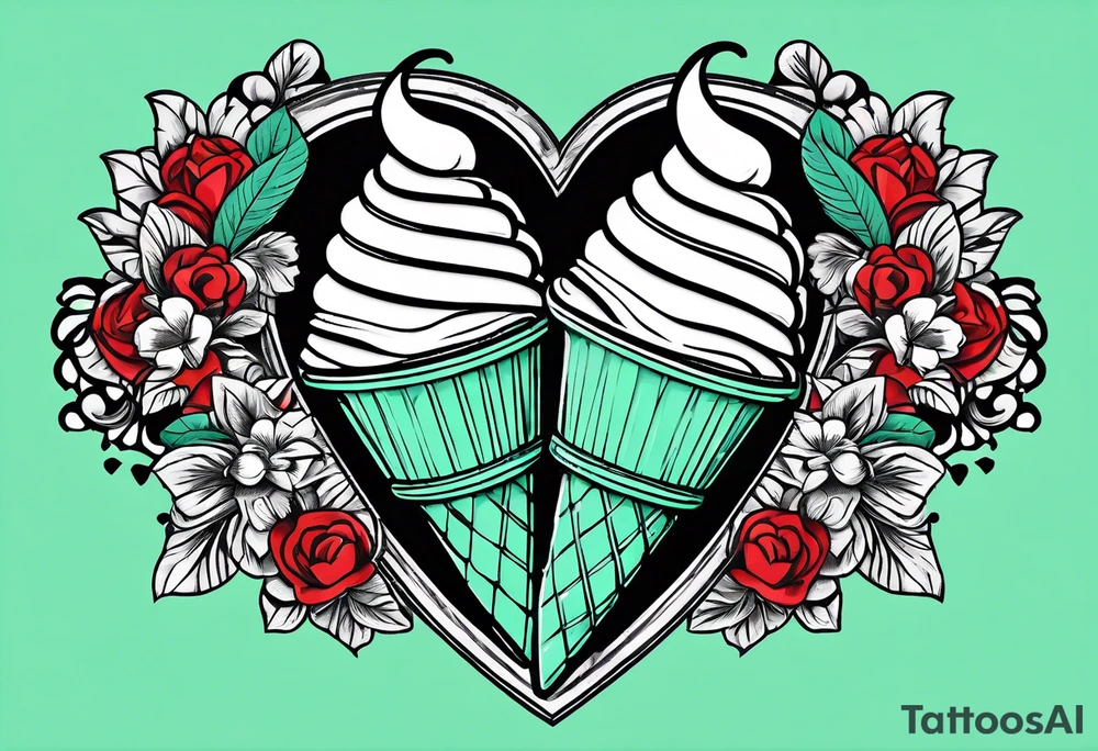 simple mint chocolate chip ice cream cone with small red heart on it somewhere. tattoo idea