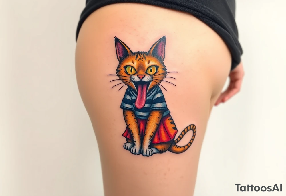 Design a tattoo of a high-quality full color illustration in a surrealism style. The main element should an insane  cat wearing a straightjacket  that has its arms bound tight against its body .its sitting upright on its butt  wearing  a  skirt that is knee length and displaying a wild, crazy expression on its face.  , bulging eyes and tongue hanging out of  one side og its mouth ,very detailed, very colorful and  vivid ,it is depicting a cat locked in a facility for the mentally ill, highest quality tattoo . it  is placed on the buttock  of a young woman with a perfectly shaped firm butt, tattoo idea