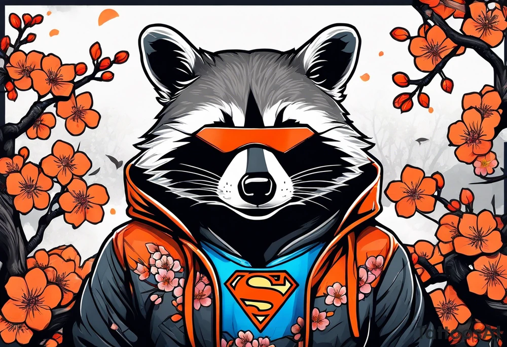 Raccoon wearing a white Superman logo on a black hoodie and orange Japanese cherry blossoms beside tattoo idea