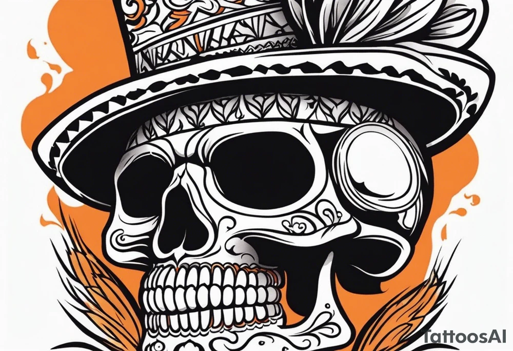 Mexican skull with smoke coming out of the bottom orange and black tattoo idea