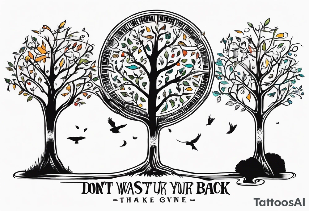 Tree of life combination with the text of "dont waste your time back you're not going that way" tattoo idea