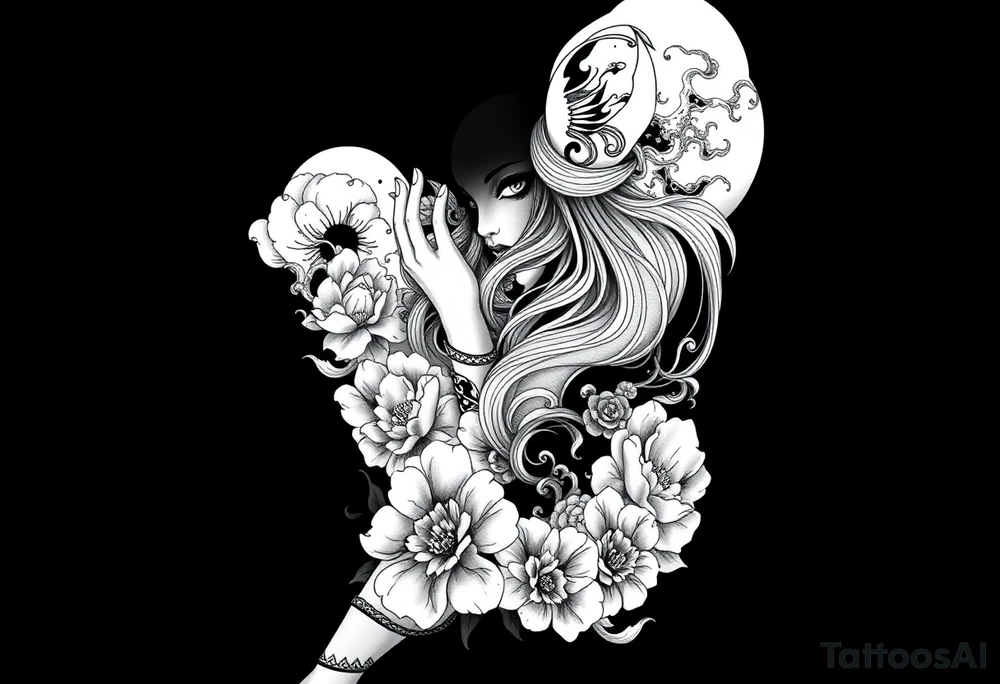Full sleeve tattoo design for a male arm, wrapping from shoulder to wrist.  featuring a beautiful female oni (demon woman) with an elegant, mysterious expression, one hand partially covering her face, long flowing hair integrated into bold wind bars and wave patterns, large chrysanthemums and peonies weaving through the composition. Strong negative space with large black fills, bold flowing shapes, and smooth grey shading. Traditional Japanese cloud and water motifs in the background, balanced composition with the oni face as the main focal point on the upper arm, seamless flow down the arm to the wrist. High contrast black and grey, crisp linework, dynamic and dramatic. tattoo idea