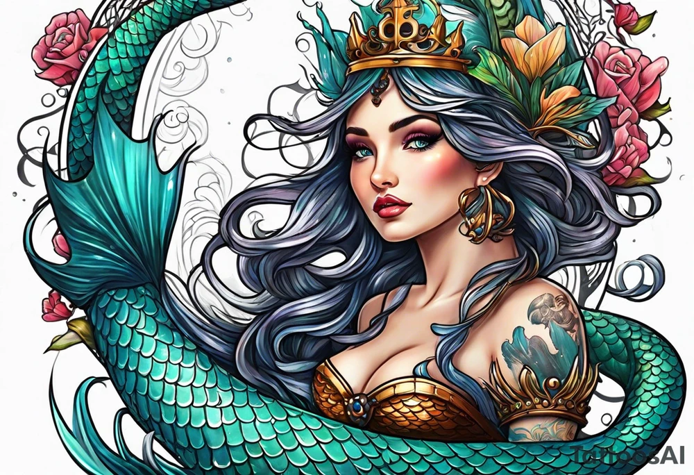 mermaid with galleon ship tattoo idea