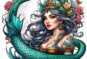 mermaid with galleon ship tattoo idea