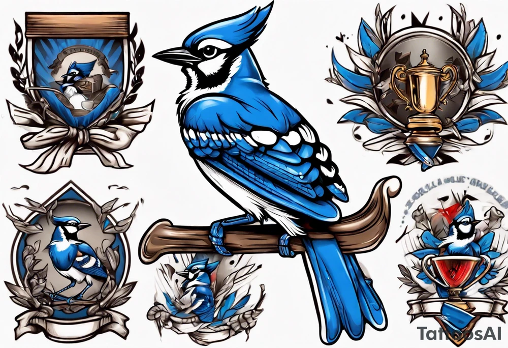 mean looking bluejay holding a trophy tattoo idea
