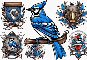 mean looking bluejay holding a trophy tattoo idea