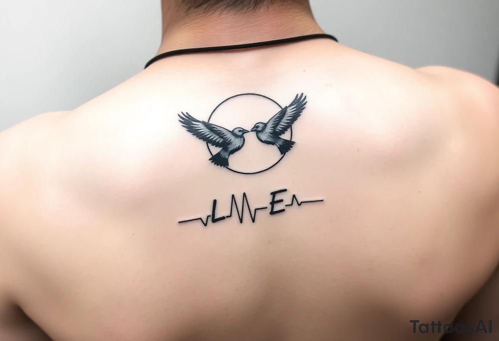 Create a minimalist tattoo design symbolizing the deep connection between a mother and daughter, featuring the initials L and E. Incorporate two crows flying around a full moon, connected by an ECG heartbeat line that represents their shared life energy. The design should feel mystical, balanced, and emotionally meaningful.” initials L and E but smal and simplistic tattoo idea