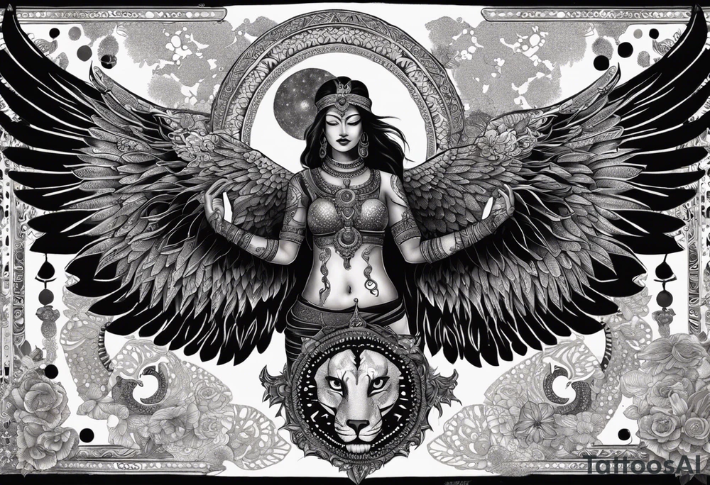 black kali, goddess pirate, alien, angel, pachamama, valkrye, warrior, flying, skull, lotus azul, wing, eagle, zenza resonance, stars, 5D, anahata chakra, death, durga, riding on a tiger, flying lady, kundalini, chest tatoo, samuri, rebel,serpent tattoo idea