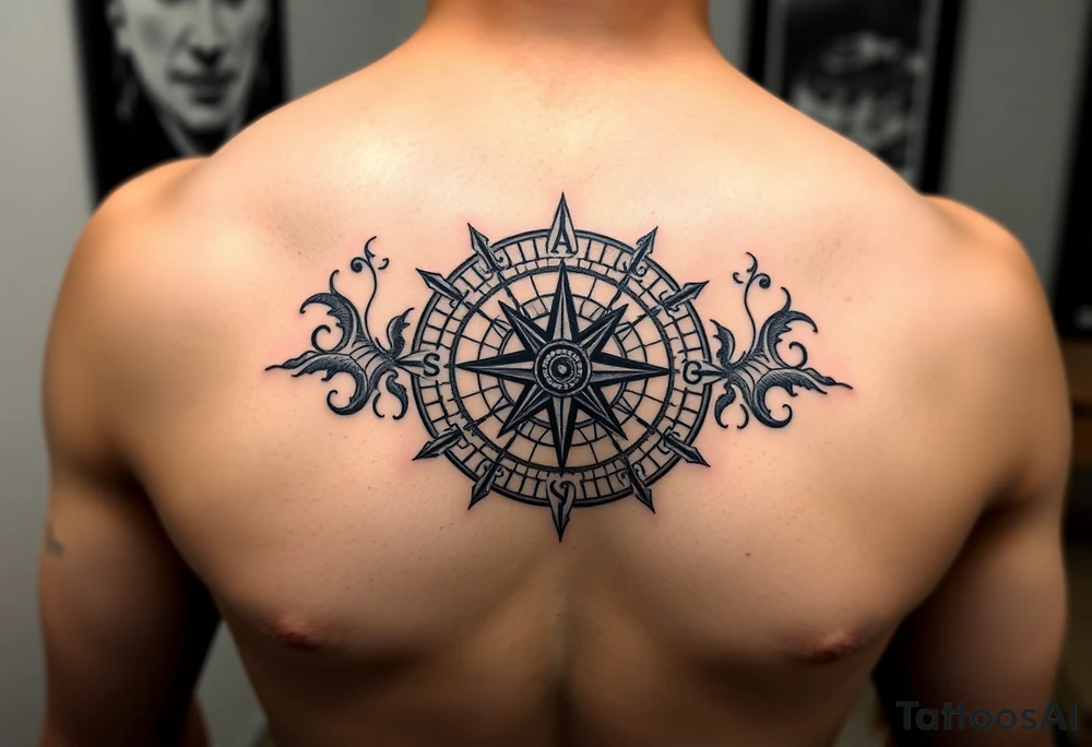 Chest tattoo with Roman stoic theme with sun dial compass tattoo idea