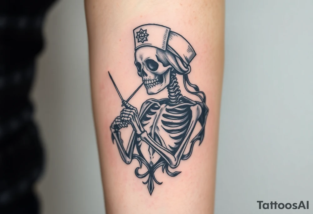 Skeleton 
 nurse with nurse hat and a needle in an elaborate vintage cameo tattoo idea