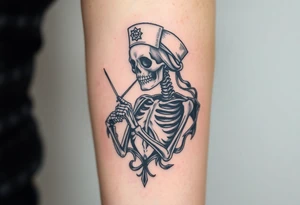 Skeleton 
 nurse with nurse hat and a needle in an elaborate vintage cameo tattoo idea