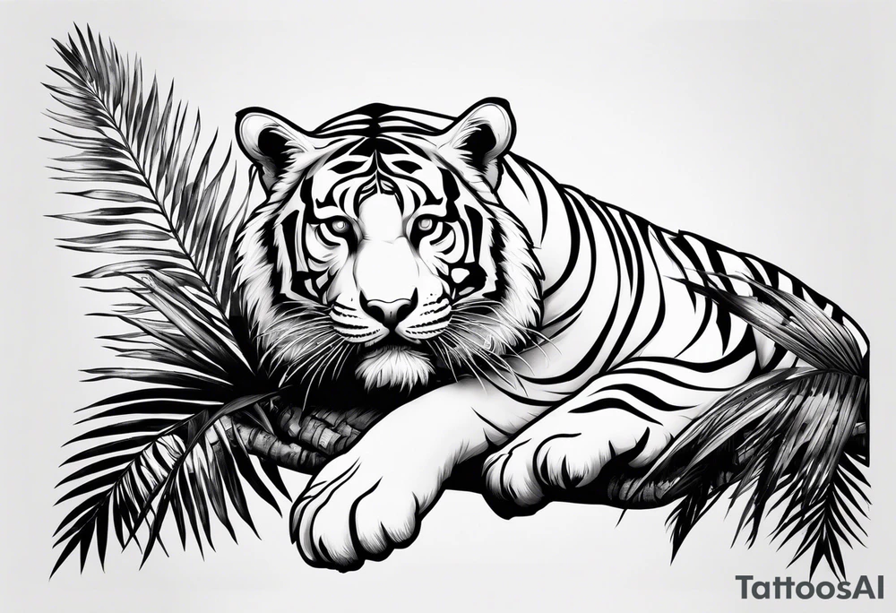 tiger laying on palm tree tattoo idea