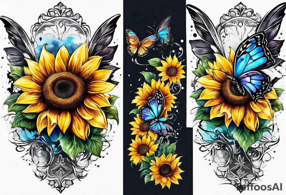 Winged cross with sunflower flowers and butterflies calf sleeve tattoo idea