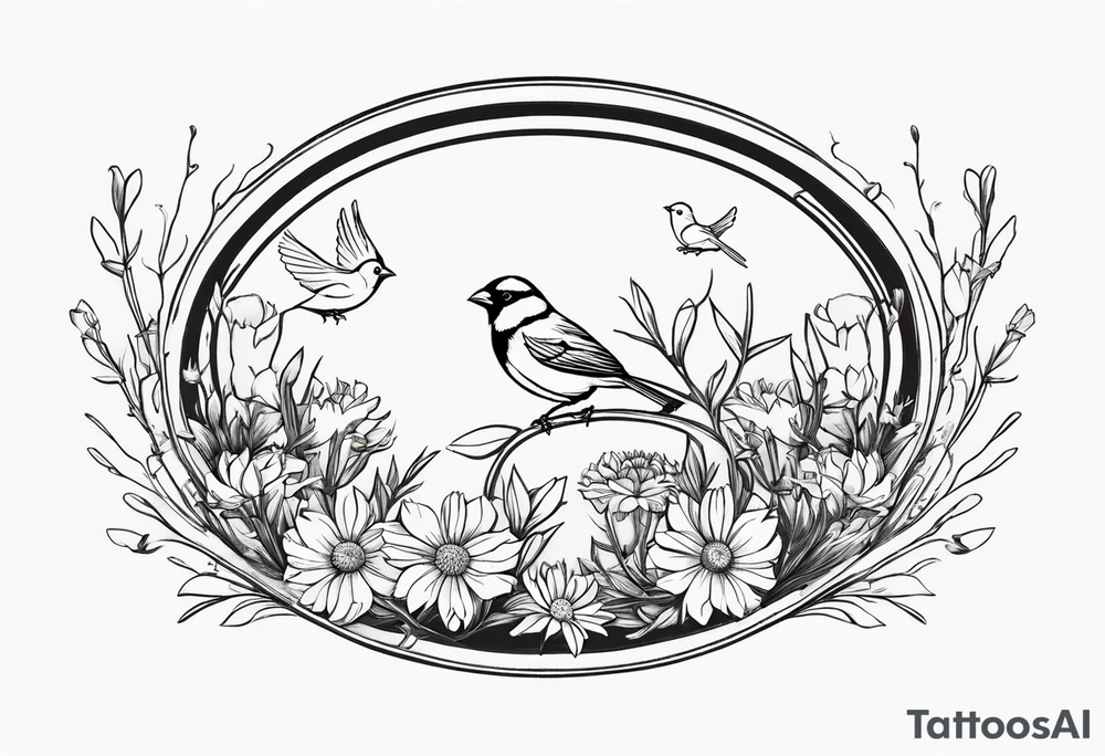 Oval shape with sea rocket and aster flowers with a small cardinal room in the center for a signature less ornate make the cardinal smaller and leave the center empty smaller cardinal and put it on the flowers tattoo idea