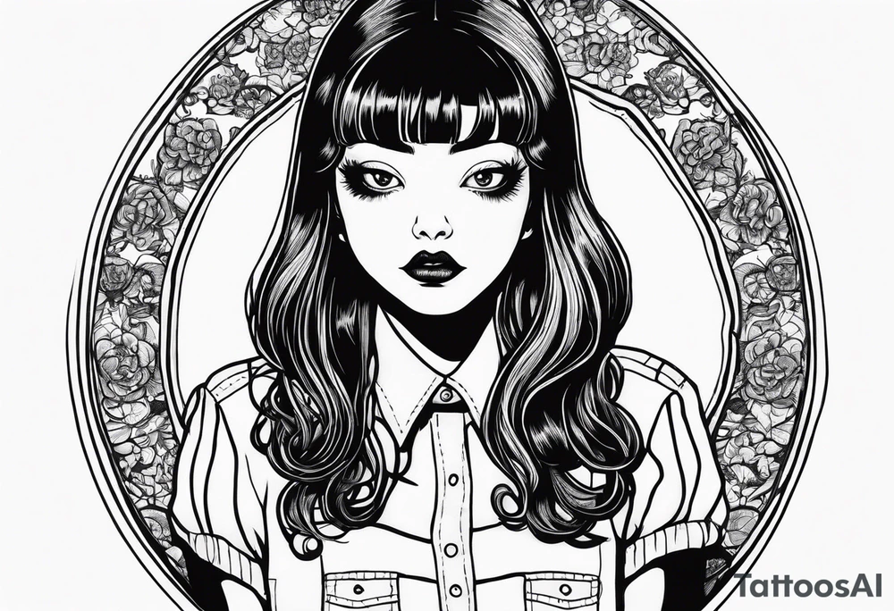 Portrait of tomie sitting on a chair. Tomie is a character of the autor junji ito tattoo idea