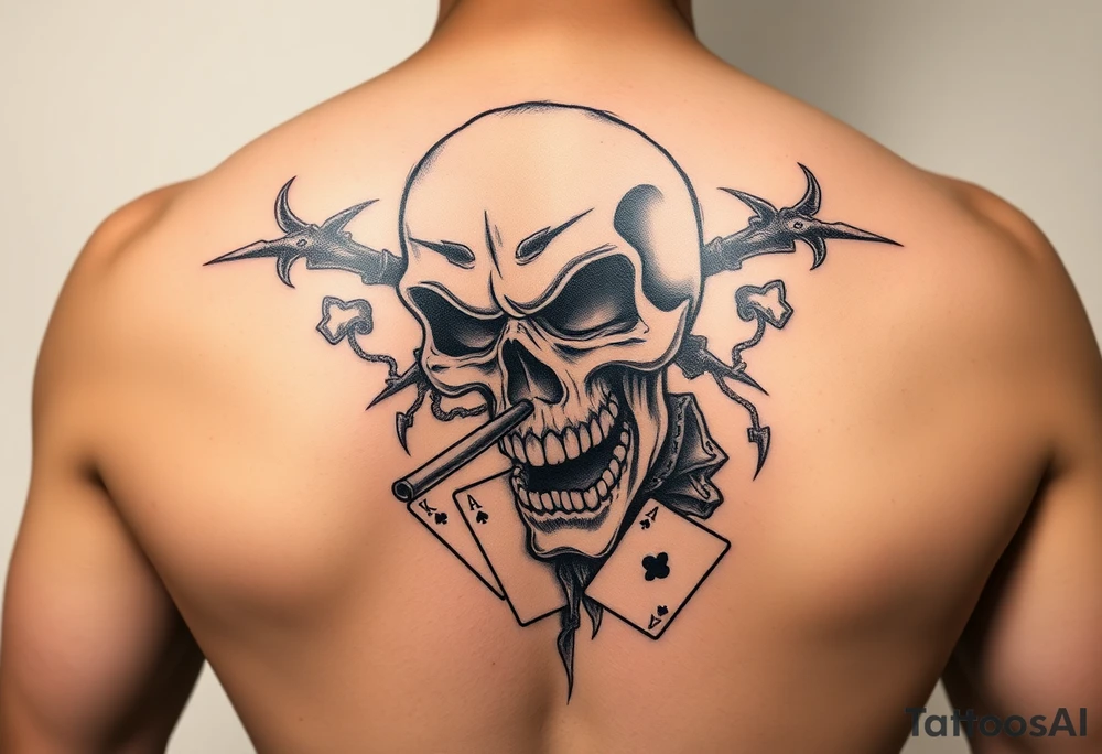 Gangster scene clown skull mid evil smoking cigar playing cards tattoo idea