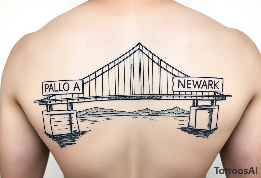 A bridge over water with two cities on the side. The city signs on the side of the bridge. East Palo Alto on the left and Newark on the right tattoo idea