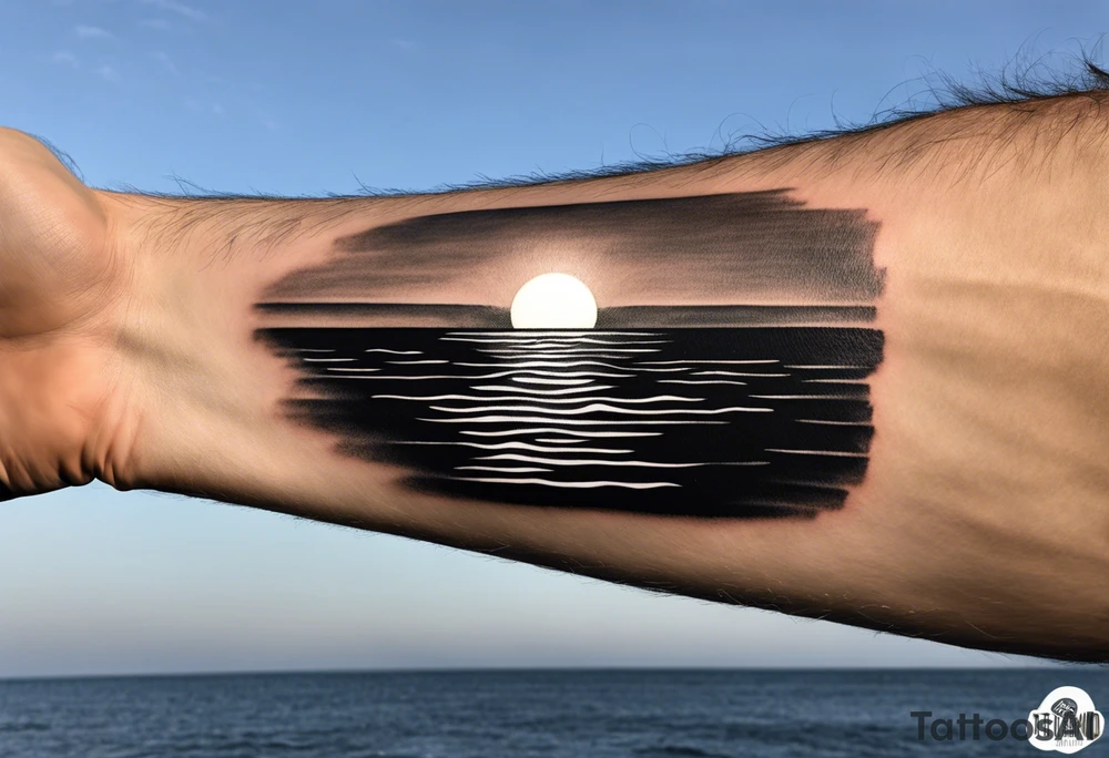 Minimalistic, black and white tattoo on male forearm. From the perspective of being on the ocean, the water is calm, with no waves in sight, the sun is setting behind the ocean, reflecting light onto the water. The tattoo in the shape of a rectangle, 4 inches wide by 2 inches tall. tattoo idea
