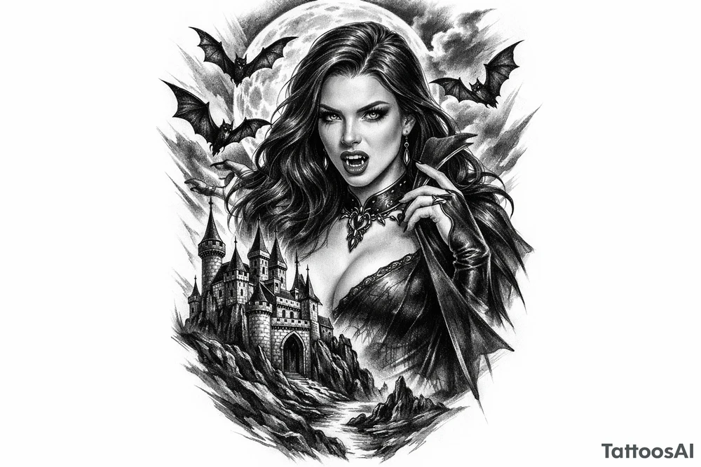 female vampire,bats,full moon,a castle. tattoo idea