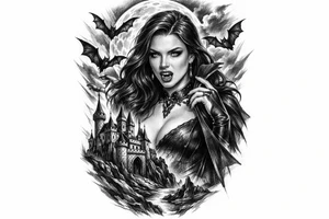 female vampire,bats,full moon,a castle. tattoo idea