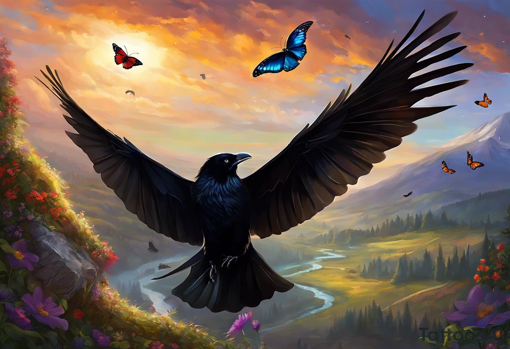 A butterfly flies towards the sky. Below the butterfly, a raven flies towards the sky. 
The butterfly and the raven are the same size
In the background is the name Malia.
In the background is the name SKF.
The number 89 can be seen in the background.
There is also a scorpion in the wing of the butterfly.
This tattoo is black and white and on the arm. tattoo idea