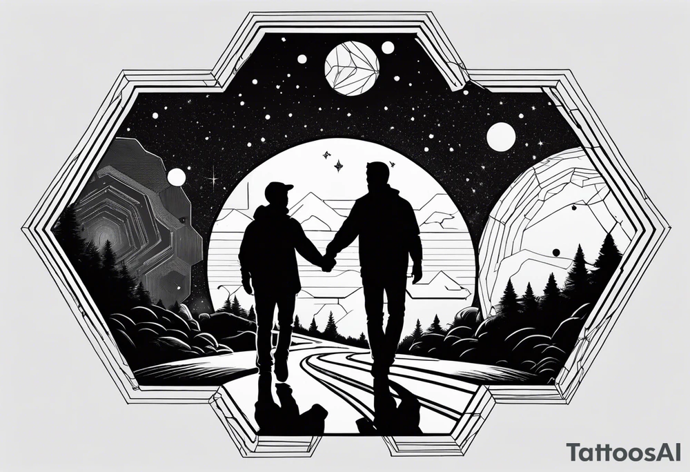 Hexagon shape, Universe inside, line under as a road. Father holding hand of his son at begin of this road tattoo idea