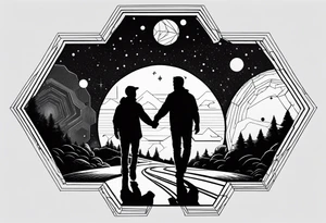 Hexagon shape, Universe inside, line under as a road. Father holding hand of his son at begin of this road tattoo idea