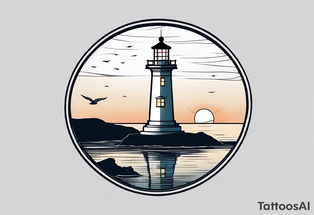 lighthouse a bit realist, evening, circle framed and ocean tattoo idea