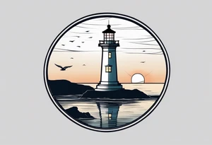 lighthouse a bit realist, evening, circle framed and ocean tattoo idea
