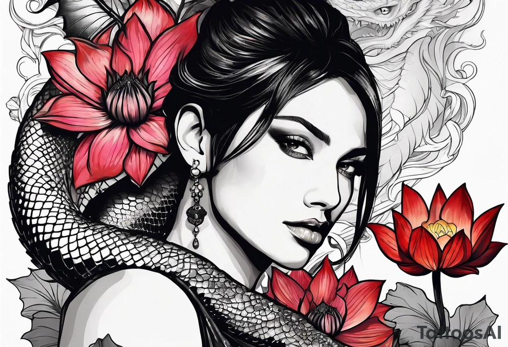 A woman with a dragon tattoo on her arm, holding a lotus flower, 16:9 tattoo idea