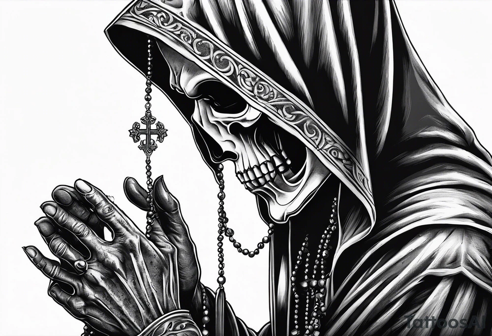 The grim reaper standing from a side profile praying with a rosary wrapped around his hands from a far tattoo idea