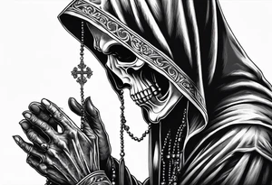 The grim reaper standing from a side profile praying with a rosary wrapped around his hands from a far tattoo idea