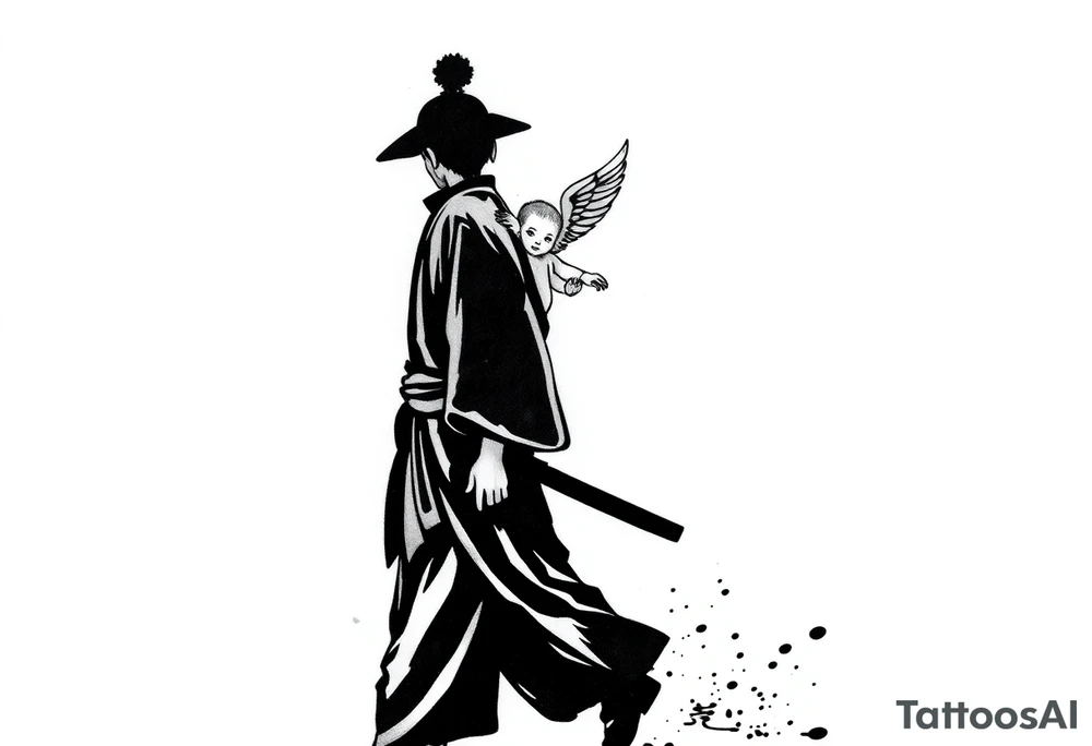 "Blackwork tattoo sketch of a lone samurai walking forward, shown in dramatic silhouette style. The samurai wears traditional kimono and hakama, holding a katana in one hand with the blade pointing downward. Behind him floats a small child angel with detailed feathered wings, gently touching the samurai’s back with one hand, as if stopping or guiding him. Strong contrast, dynamic ink splatter, rough brush strokes, Japanese sumi-e vibe, emotional and symbolic composition, high detail linework, no background." tattoo idea