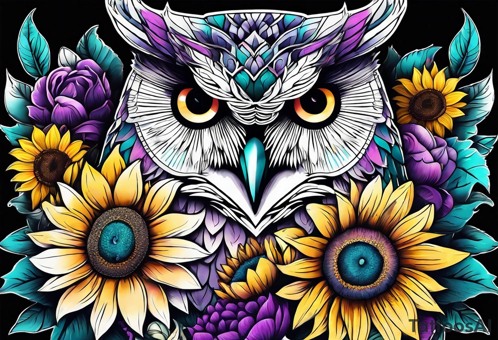 Leg Sleeve with teal, pink and purple owl and yellow sunflowers tattoo idea