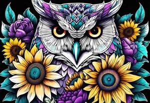Leg Sleeve with teal, pink and purple owl and yellow sunflowers tattoo idea
