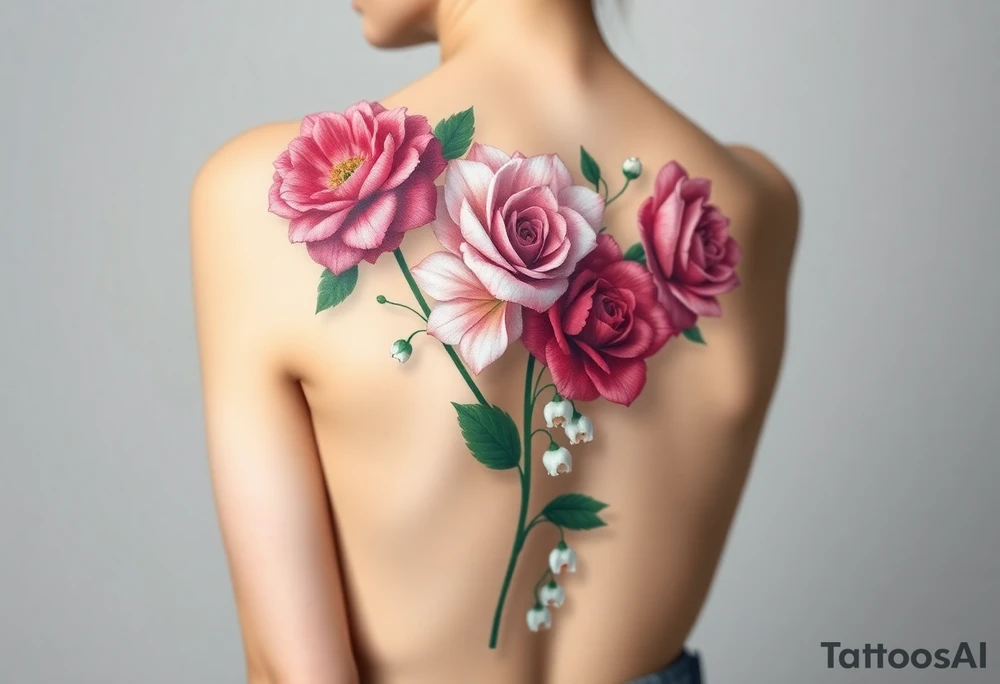 BouquetCarnation, Astor, Rose, Lily of the valley, Larkspur with realistic, stems, running down middle of the back With no black tattoo idea