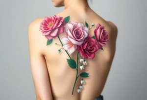 BouquetCarnation, Astor, Rose, Lily of the valley, Larkspur with realistic, stems, running down middle of the back With no black tattoo idea