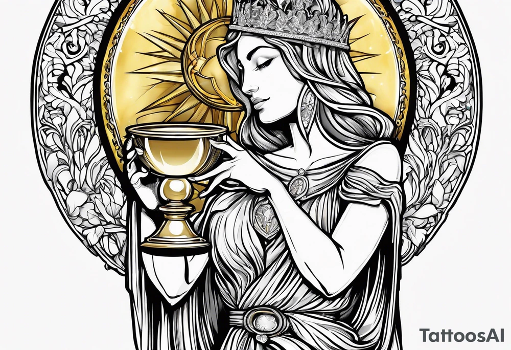 holy saint woman turned away with golden halo holding a chalice tattoo idea