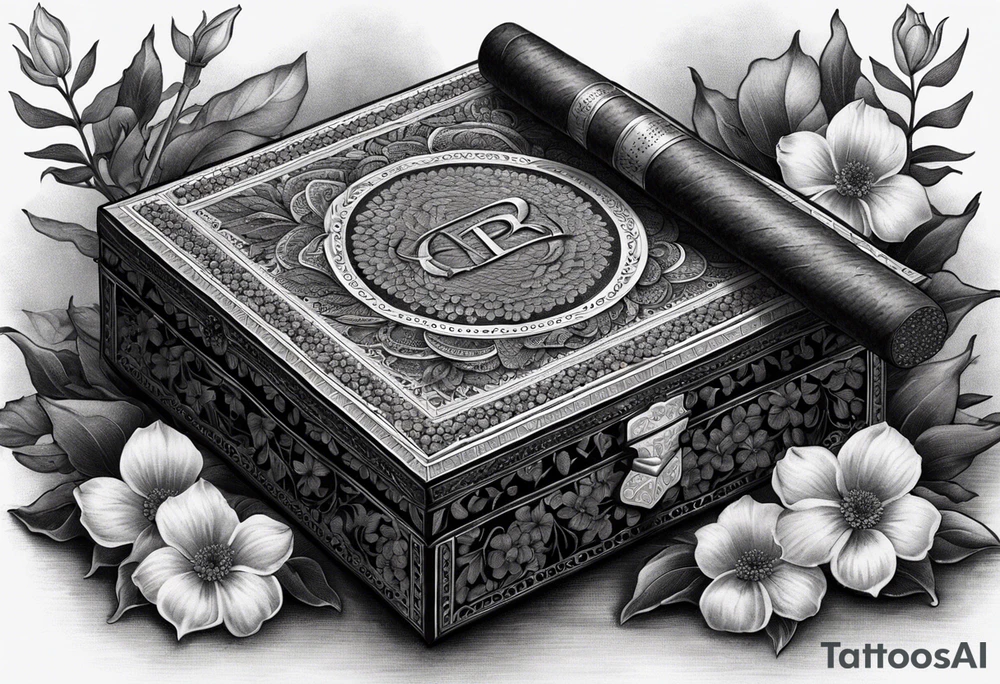 An intricate dotwork black and white tattoo of a vintage cigar box with one cigar propped up next to it.. surrounding the box is flowers tattoo idea