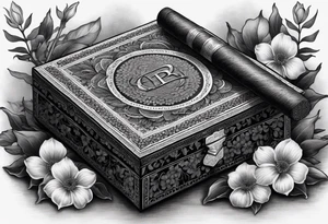 An intricate dotwork black and white tattoo of a vintage cigar box with one cigar propped up next to it.. surrounding the box is flowers tattoo idea