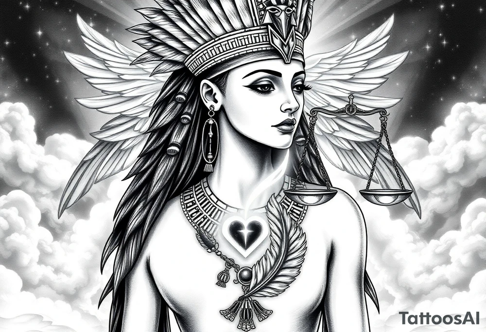 Beautiful Egyptian goddess and elegant body, depicted as a regal woman with an ostrich feather headdress, and intricate ancient Egyptian jewelry such as the Anhk necklace. Background includes something similar to heaven. Incorporate the Scales of Justice—one side holding a heart, the other Ma’at’s feather—glowing with ethereal energy. Emphasize dramatic lighting, deep shadows, and surreal, mystical atmosphere tattoo idea