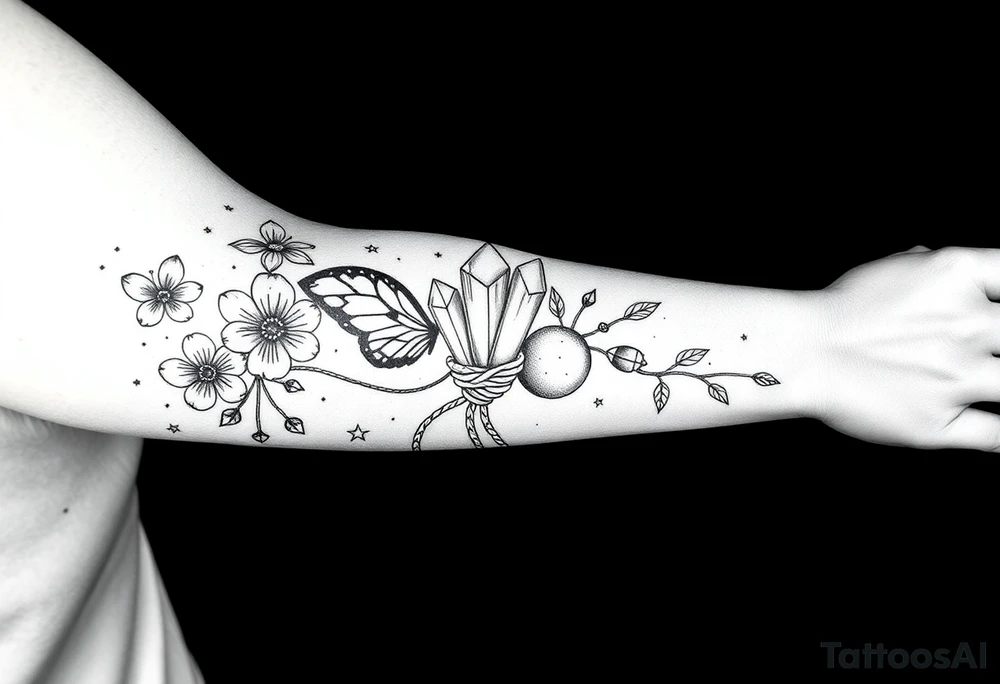 Placement: Forearm half sleeve, with forget-me-not wrapped around, with 3 small butterflies placed around it on the outer forearm. The word ‘siempre’ along the inside of the wrist around the radial pulse area. On the palm side of the wrist, there is 444 and a fine line moon and star. On the inner forearm, there are two crystals tied together with rope, with some stars dotted around it and two fine line leaf stems, and a moon above it. All tattoos in black ink. tattoo idea