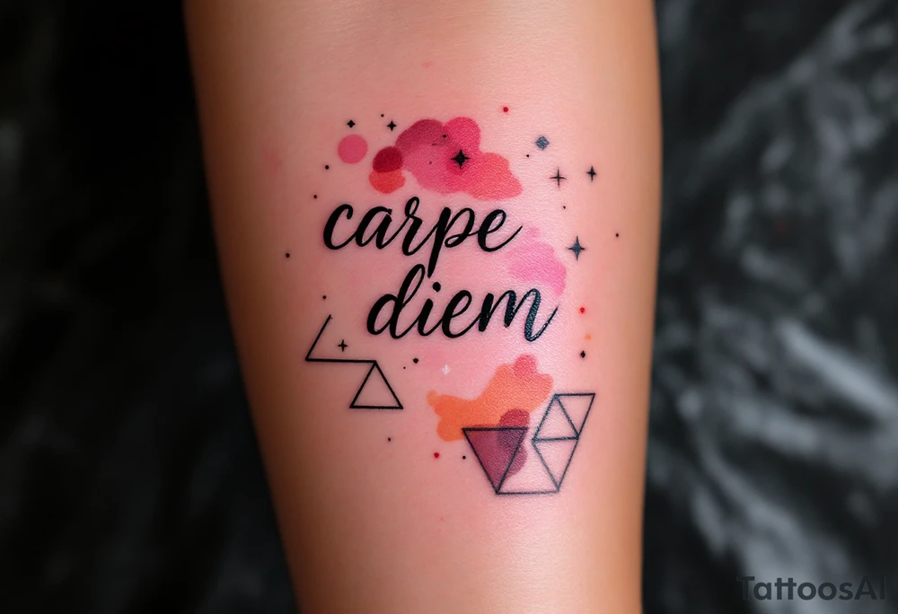 Pink ink lettering "carpe diem" on darker skin, glowing subtly like chalk on a blackboard, surrounded by geometric shapes. tattoo idea
